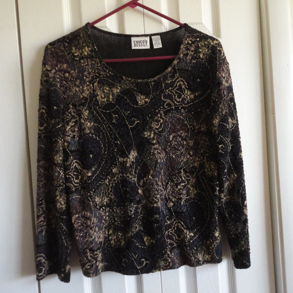 CHICOS PULLOVER TOP     LONG SLEEVES   BLACK BROWN GOLD   SIZE 1